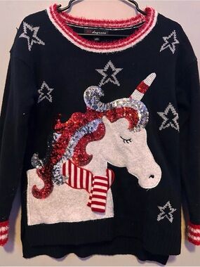 32 Degrees Black Unicorn Sequin Sweater with Red & White Accents